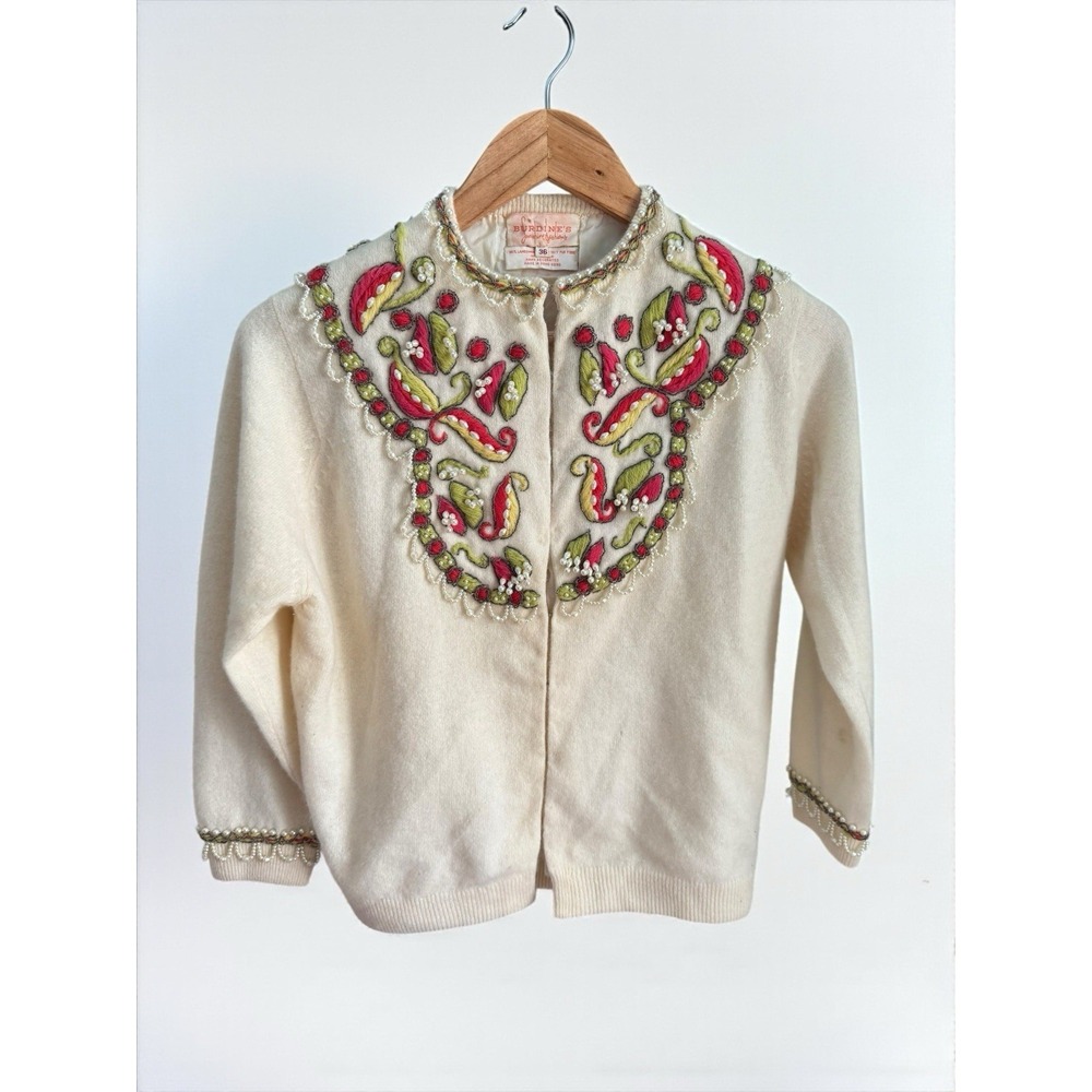 Vtg Burdine's Sunshine All Over Beaded Ivory Cardigan Sweater Lambswool 36 Small